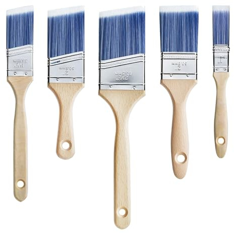 Paint Brush Set for Walls Decorating: 5 Pcs Professional Angled & Flat Paint Brushes with Soft Polyester Bristles and Wooden Handle - for Home Furniture Cabinets Fences and Trim DIY Painting Projects