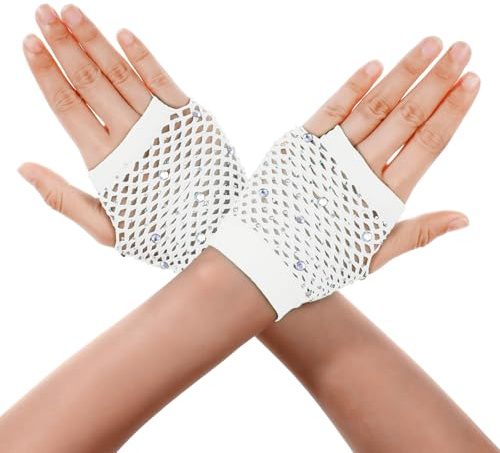 Guantes de Rejilla Cortos de Nailon con Pedrería Niñas Accesorios de Fiesta de los Años 80 Guantes Sin Dedos de Malla para Cosplay Fiesta Temática de Halloween Disfraz Rendimiento Mangas de Rejilla