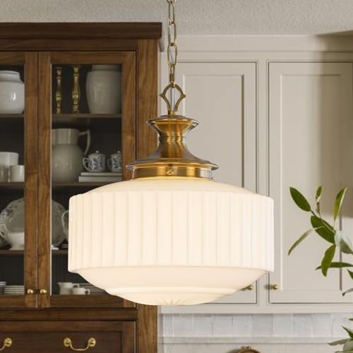 Vintage Brass Milk Glass Pendant Light Fixture, 13.8 White Pleated Glass Chandelier, Antique Pendant Lights, for Kitchen Island Lighting, Hallway, Bedroom, Dining Room, Foyer, E26 Bulb Included