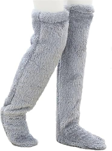 Lonurya Thigh High Fuzzy Socks for Women Long Knee Leg Warmers Slippers Plush Warm Over the Knee (Grey)