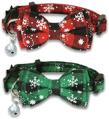 Weihnachts-Katzenhalsband Weihnachten Katzenhalsband mit Glocke, 2 Stück Verstellbare Katzenhalsbänder mit Fliege, Kariertes Katzen Halsbänder, Weihnachtshalsband für Welpen und Kätzchen