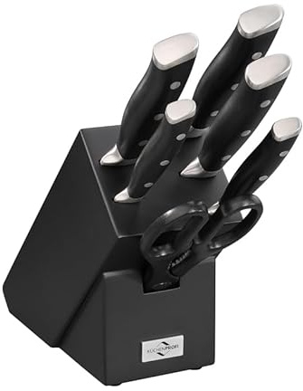 KÜCHENPROFI Messerblock PRIMUS CLASSIC 7-tlg., gehärteter Klingenstahl | bestückter Holzblock in Schwarz, X50CrMoV15-Stahl, ergonomischer Kunststoffgriff, inkl. Vielzweckschere, Pflegehinweise