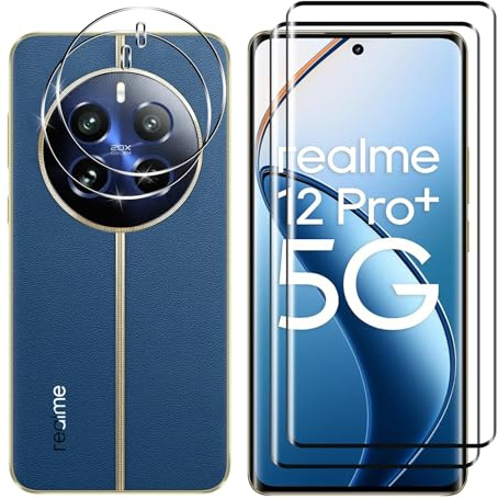 Kokio 2 Piezas Protector de Pantalla para Realme 12 Pro/Pro Plus, con 2 Piezas Protector de Lente de Cámara, Ultra HD Cristal Templado, Dureza 9H, Anti Arañazos, Sin Burbujas