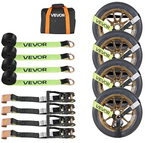 VEVOR Kit de Amarre de Calzo de Ruedas 50,8 x 3048 mm, Correas de Amarre para Rueda con Ganchos Planos, Resistencia a la Rotura de 4540 kg, Carga de Trabajo de 1512 kg, para Vehículos, SUV, Remolques