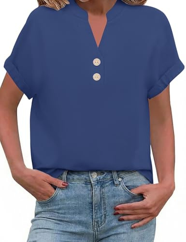 PASUDA Camicia Estiva Donna Blusa Lino Elegante Camicetta Manica Corta Camicia Scollo a V Button Down Camicia Tinta Unita Classico Top Estive T Shirt(Marino,XL)