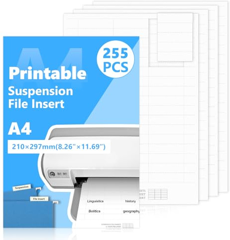 255 PCS Suspension File Insert A4 Printable Tab Inserts White 15×55mm | Writable Hanging File Inserts Paper Filing Cabinet Files Label Insert for Hanging Folder（with Print Template）