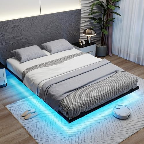 COSTWAY Lit Flottant 140x200 cm avec Éclairage LED RGB, Cadre de Lit Plateforme Métallique 2 Personnes avec Port USB, Sommier à Lattes Robuste Intégré, Montage Facile, Noir