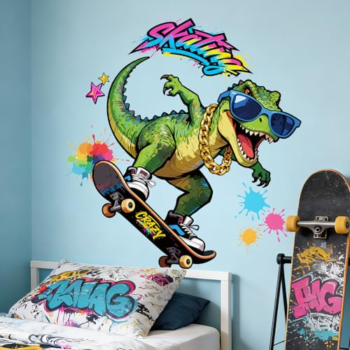 Tanlaby Dino Wandtattoo T Rex Skateboard Hip Hop 3D Wandsticker | Coole Wanddeko für Jungenzimmer Teenagerzimmer Spielzimmer Schlafzimmer