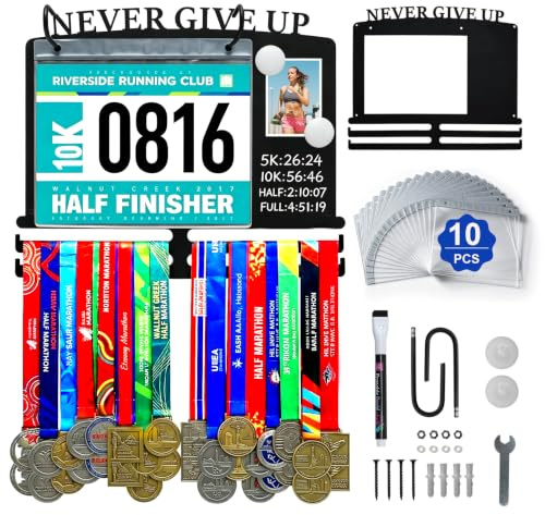 GHWMYD Porta medaglie, Marathon Running portamedaglie da Muro in Acciaio con 10 Protezioni per pettorali da Gara in Vinile e pennarelli