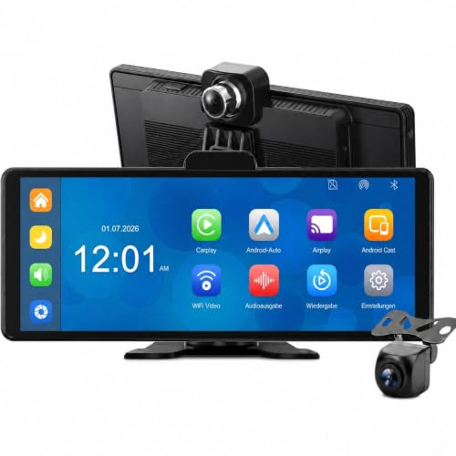 Elebest CarPlay C1026 – 10,26 Zoll Touch Navi mit kabellosem Apple CarPlay & Android Auto, 4K Dashcam vorne, Rückfahrkamera, GPS, Bluetooth & Sprachsteuerung