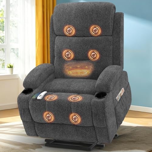 Relaxsessel Fernsehsessel, Massagesessel mit Heizung Elektrischer TV Sessel Liegesessel mit Liegefunktion für Wohnzimmer USB- und Typ-C-Anschlüsse 2 Getränkehalter und 4 Seitentaschen (Dunkelgrau)