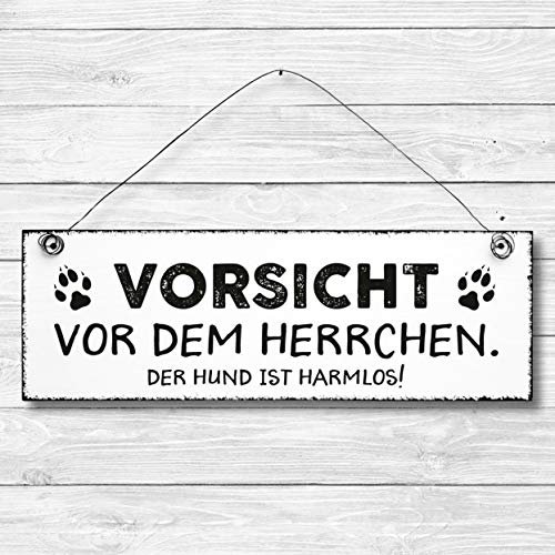 Vorsicht vor dem Herrchen Der Hund ist harmlos - Dekoschild Türschild Wandschild aus Holz 10x30cm - Holzdeko Holzbild Deko Schild