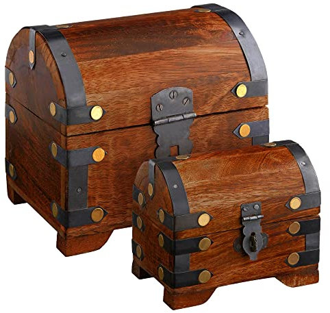 Casa Vivente Geschenkboxen-Set, Große und kleine Holztruhe mit Metall-Beschlägen, Schatztruhen aus dunklem Holz, Spardose, Bauernkasse, Vintage, Verpackung für Geldgeschenke oder Schmuck