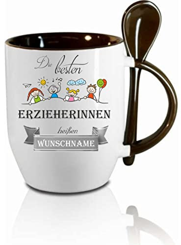 Tasse m. Löffel - Die besten Erzieherinnen heißen (Wunschname) - Löffeltasse, Kaffeetasse mit Motiv, Bürotasse, bedruckte Tasse mit Sprüchen