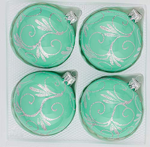4 TLG. Glas-Weihnachtskugeln Set 10cm Ø in Hochglanz Modern Mint Silberne Ornamente Edle Neuheit - Christbaumkugeln - Weihnachtsschmuck-Christbaumschmuck 10cm Durchmesser