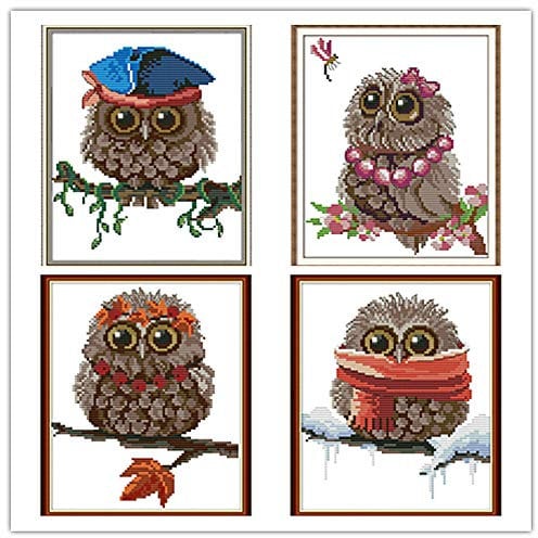 Awesocrafts Kreuzstich Stickpackungen, 4 Stück Eulen vier Jahreszeiten Bilder Vorlagen Stickerei Set Vorgedruckt