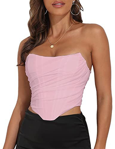 Women's Vintage Strapless Open Back Boned Mesh Bustier Zip Back Corset Bodyshaper Crop Top, Mesh Pink, 8-10
