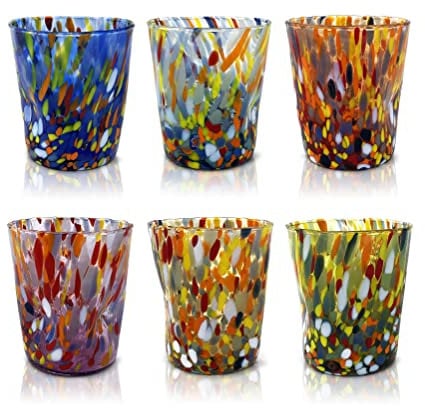 MAZZEGA ART & DESIGN - 6 Bicchieri Tumbler Classic in Vetro Soffiati e Lavorati a Mano con Murrine di Murano, linea “I Colori di Murano” 350 ml. Made in Italy (MIX, 6)