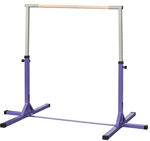 HOMCOM Barre Fixe de Gymnastique pour Enfant, Hauteur réglable 13 Niveaux de 92-150 cm, Acier et Bois en hêtre, Barre d'entrainement de Gymnastique à Domicile, antidérapant, Facile à Assembler, Violt