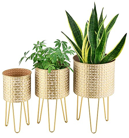 [en.casa] Lot de 3 Supports de Plante Design Ensemble Porte-Plantes Cache-Pot Pot de Fleur Bac à Fleurs Vase Métal Tailles Différentes Laiton