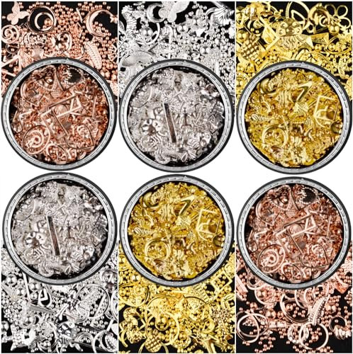 editTime Lot de 6 mini perles rondes en métal 3D pour nail art - Doré, argent, or rose - 1,0 mm, 1,5 mm, 2 mm