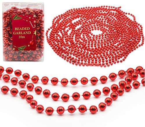 HOVUK® 10M Shiny Bead Garland, Shatterproof Red Bead Chain, Plastic Pearl Beads Christmas Garland, Traditional Luxury Christmas Tree Decoration