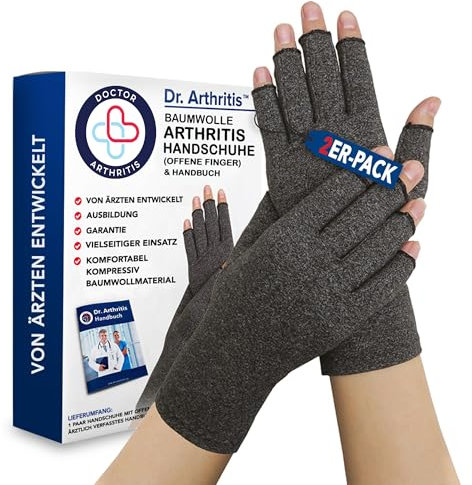 Dr. Arthritis Von Ärzten Entworfen Damen Arthrose Handschuhe für Neurodermitis, Bequeme Fingerlose Kompressionshandschuhe, Mischung aus Baumwolle, Nylon und Elasthan, 2 Paare, Grau, XL