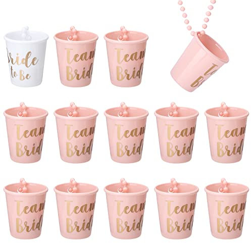 Katsy 14 Pieces Necklace Shot Glasses Plastic Beaded Bridal Shot Glass Necklace Team Bride and Bride to Be Pink and White with Gold Foil for Bachelor Wedding Party and Bridal Shower Decorations