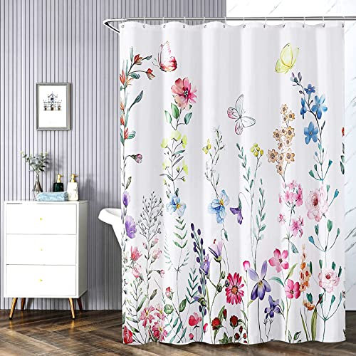 REZAYMRS Blumen Duschvorhänge mit 12 Haken, Polyster 180x200cm Wasserdicht Duschvorhang für Badezimmer, Beschwerter Saum, Badewannen Hotelvorhang, Maschinenwaschbar, Schnell Trocknend