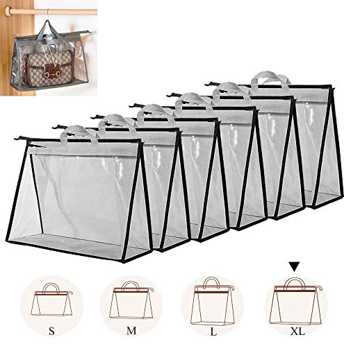 6PCS Dust Bags for Handbags Clear Purse Storage Organizer Non-Woven Hanging Bag Closet with Zipper and Handle (XL Cream Color) (Grey)