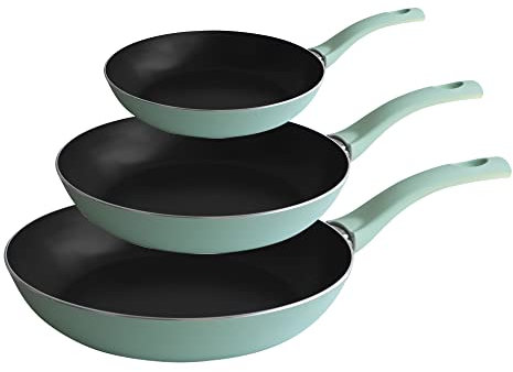 PINTINOX Prima Collection Portofino Aluminium-Pfannen-Set mit Antihaftbeschichtung, 5-lagig, Griff gegen Verbrühung, 20 cm, 24 cm, 28 cm, Basilikumgrün, für alle Herdarten außer Induktion geeignet