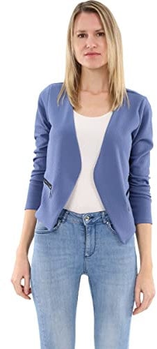 Malito - Damen Blazer Langarm - unifarbener Jerseyblazer - Kurze Basic Jacke - Sweatblazer mit Reißverschluss - Tasche - tailliertes Sakko 6040 (Jeansblau | Größe L)