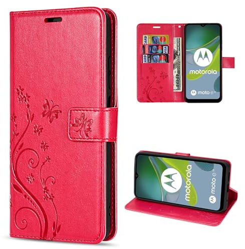 betterfon Hülle Kompatibel mit Motorola Moto E13 | Premium PU Leder Handyhülle Wallet Case für Moto E13 | Schutzhülle Blumen Klapphülle Handyhülle | Rot