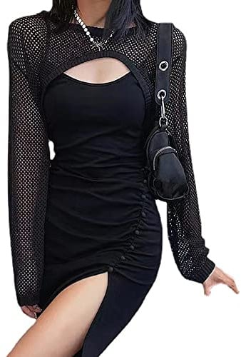 DNLKWGO Top de manga larga con huecos, de punto de ganchillo, sexy, parte superior de red transparente, Negro -, Talla unica