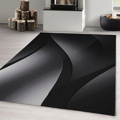 Carpetsale24 Teppich Wohnzimmer Abstrakten Wellen Design Schwarz Meliert 240 x 340 cm - Kurzflor Teppich Schlafzimmer Pflegeleicht Extra Weich - Teppich für Küche Esszimmer Kinderzimmer Rechteckig