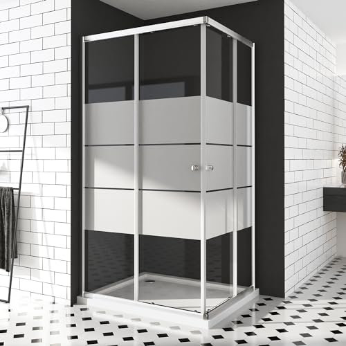 Duschkabine 90x90 cm, Doppel Schiebetür Milchglas Streife Eckeinstieg Duschwand Duschabtrennung 6mm ESG Sicherheisklarglas Schnelle Installation Höhe 185cm