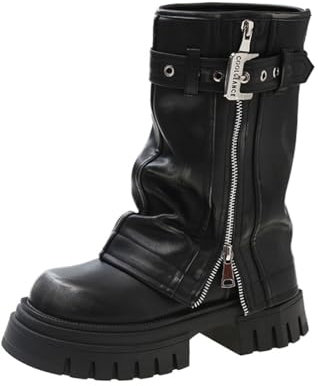 Stivali da Donna Autunno e Inverno Stivali da Cavaliere Stile retrò Testa Rotonda Fondo Spesso Stivali Corti Stivali Casual Biker Stivali Occidentali