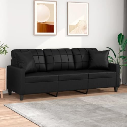 GuyAna Sofá de 3 plazas con Cojines Cuero sintético Negro 180 cm Sofas Cama Modernos 3 Plazas Sofa Cama Liquidacion