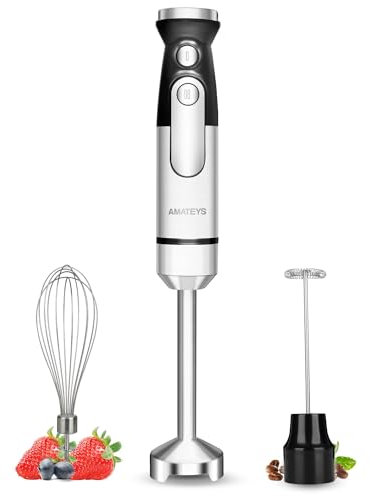 Amateys Hand Blender, 700W Infinitely Adjustable Speeds Multifunctional Electric Mixer Stainless Steel with Detachable Whisk, Milk Frother for Soup Puree