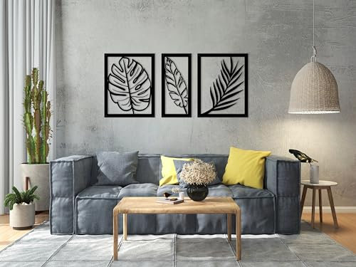 Outentin Moderne Wanddeko Wohnzimmer - Deko für Wohnzimmer Wand - 3d Wanbilder - Wandskulpturen - Große Wand Dekoration in Schwarz -Perfekt für schlafzimmer küche und büro - 101 x 45 cm (Blätter)