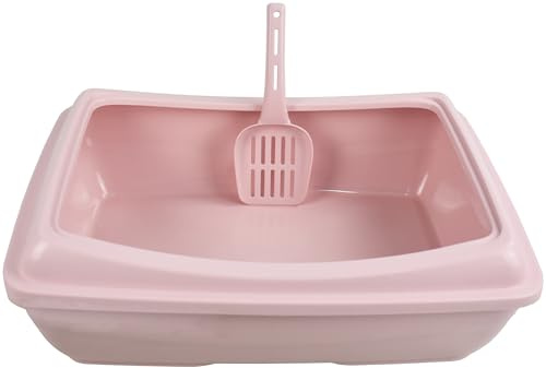 Cat Litter Tray with Scoop Kitten Waste Open Deep Toilet Loo Tray Box Matching Scoop Set (Pink, M)