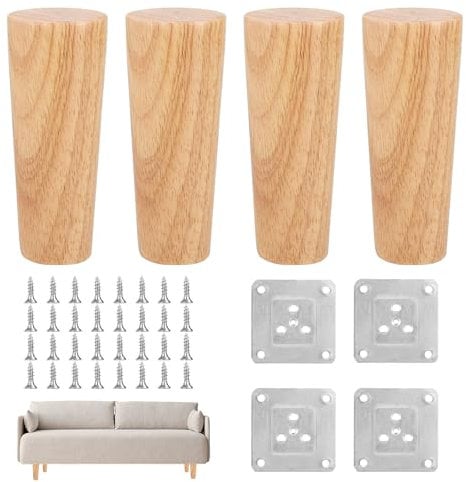 Luckwaii Pieds en bois de 15 cm pour meubles en bois massif, pieds de canapé, pieds de chaise de rechange, pieds de table en bois, pieds de meubles avec plaque de montage et vis, couleur naturelle