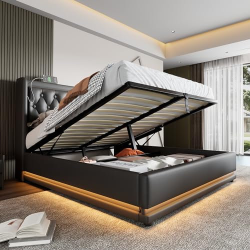 Dolamaní Doppelbett 140x200 cm Modern mit Stauraum, Boxspringbett mit Bettkasten Polsterbett, Polster Kopfteil, Funktionsbett, Stauraumbett, Schwarz-PU