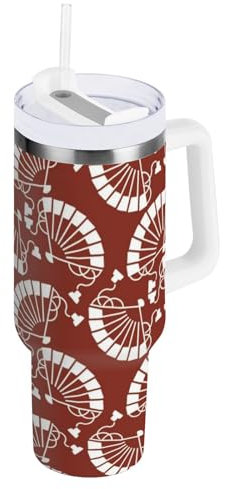 Amooorous Japanischer weißer Ventilator, 1,2 l, Edelstahl, 1,2 l, auslaufsicherer Deckel und Strohhalm, Wasserflasche mit breiter Öffnung, Vakuumbecher-Set für Wasser, Eistee oder Kaffee