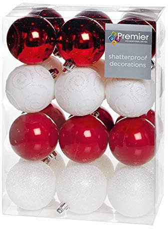 Shatterproof Christmas Baubles 24 Pack 60mm Premier Christmas Tree Decoration, matt, shinny and glitter baubles (Red & White 4204)