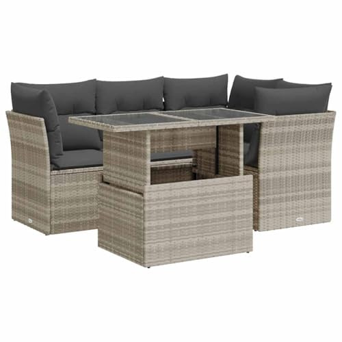 vidaXL 5-TLG. Garten-Sofagarnitur mit Kissen Hellgrau Poly Rattan