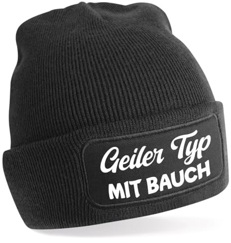 One Size Beanie, Mütze mit Spruch: Geiler Typ mit Glatze, oder Bauch, oder Bart (DE/NL/SE/PL, Alphanumerisch, Einheitsgröße, schwarz Geiler Typ mit Bauch)