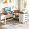 Tribesigns Schreibtisch mit 4 Schubladen, L-förmiger Computertisch mit 2 Ablagen, Reversible Eckschreibtisch für Büro,Arbeitszimmer, Wohnzimmer,150×110×75cm (Walnuss & Weiß)