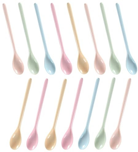 WIYETY Lot de 15 cuillères en plastique longues multicolores réutilisables - Cuillères longues en plastique - Cuillères à confiture longues - Cuillères à glace - Cuillères en imitation porcelaine pour