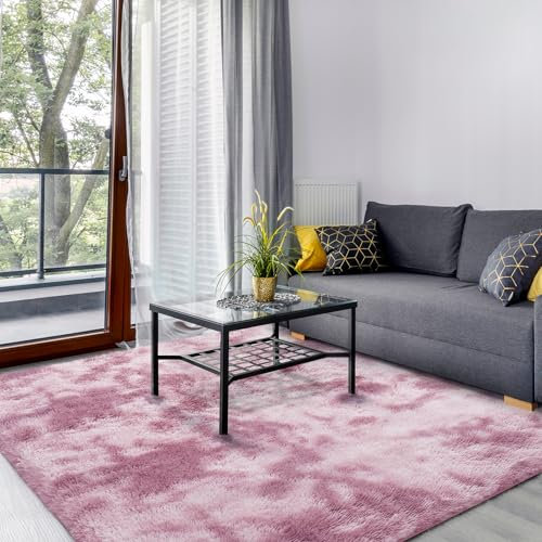 SOANNY Hochflor Wohnzimmer Teppich, Waschbar Anti-Rutsch & Flauschig, Groß Tie-Dye Langflor Shaggy Teppich für Schlafzimmer & Kinderzimmer, Bettvorleger Matte, 200 x 300 cm, Dunkelrosa